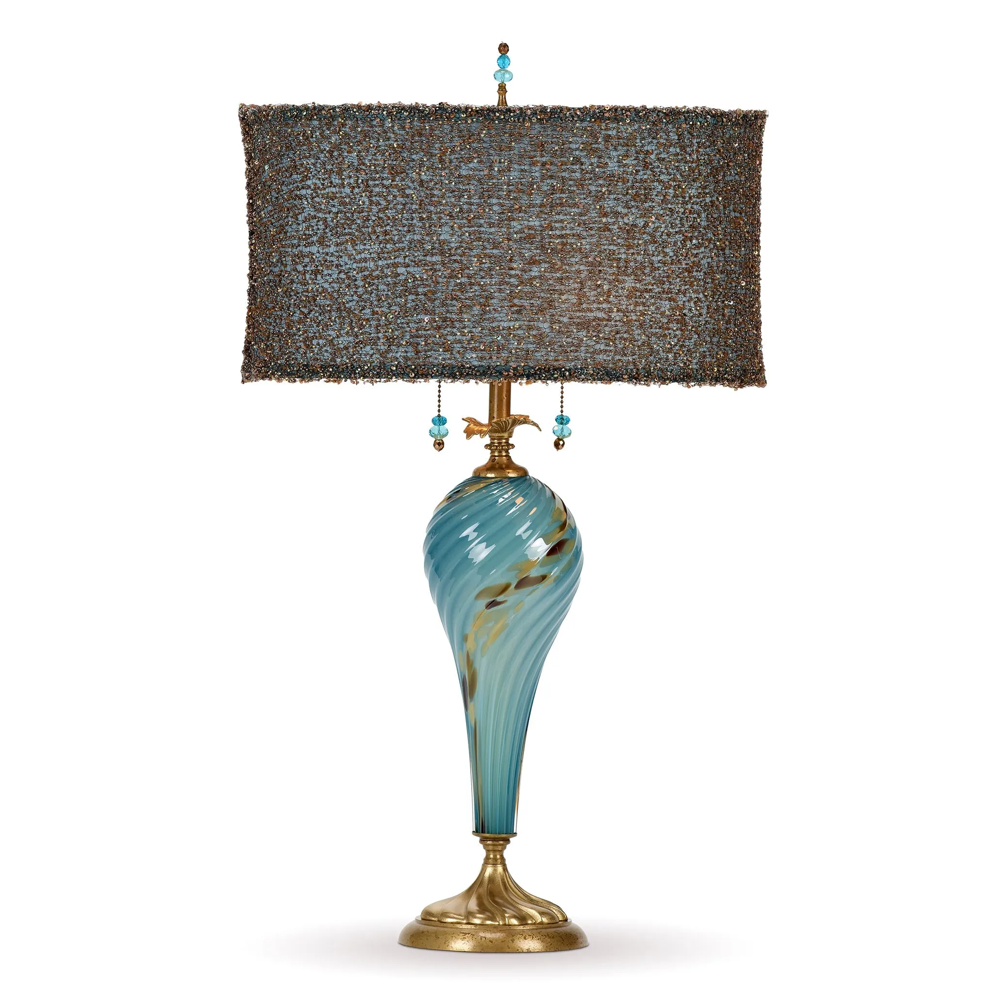 Renee Table lamp 231AF176 Colors Aqua Blue and Brown Blown Glass Base with Bronze and Bead Shade by Kinzig Design