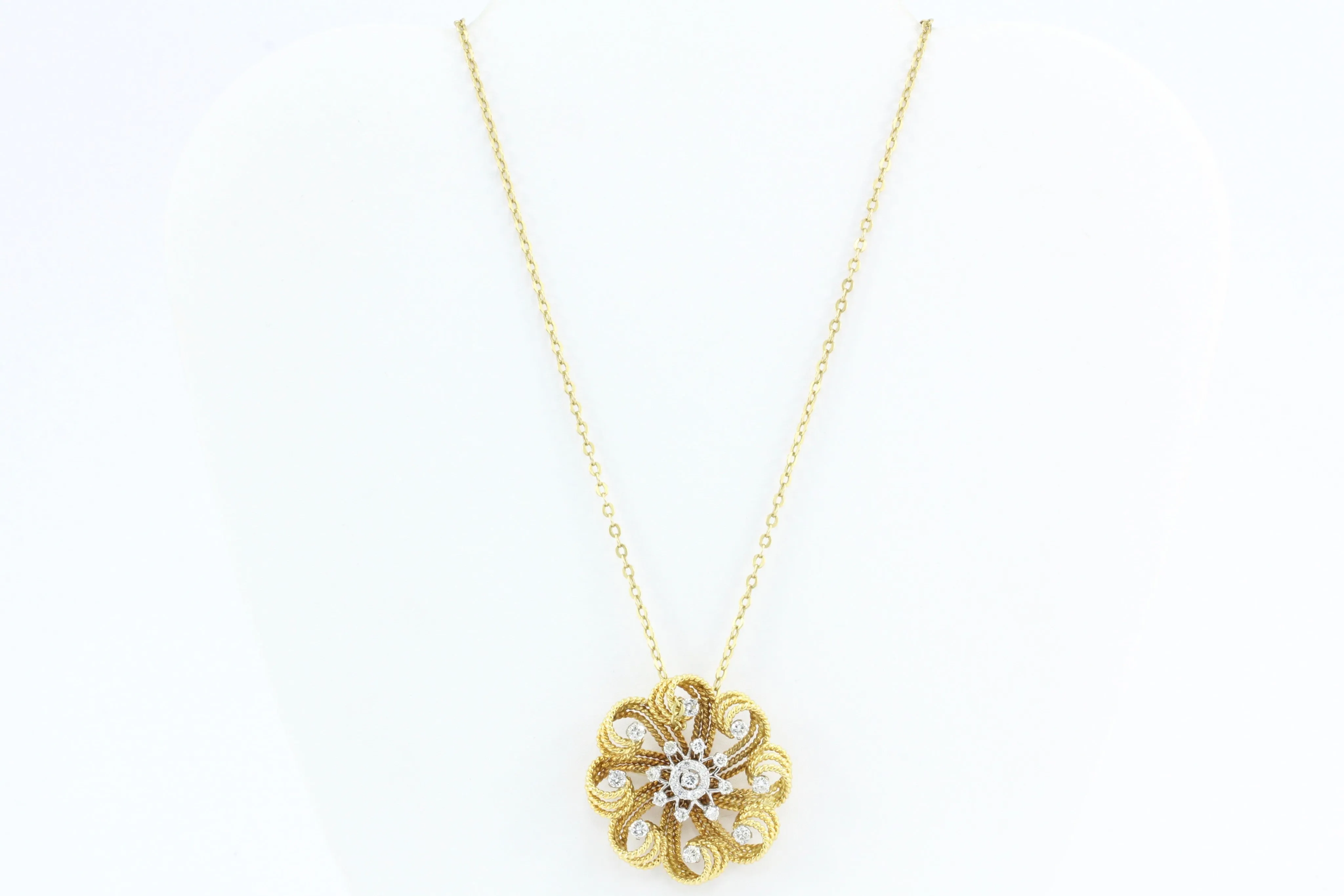 Retro 18K Gold Diamond Flower Swirl Pendant Necklace