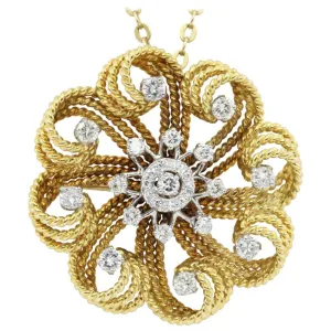 Retro 18K Gold Diamond Flower Swirl Pendant Necklace