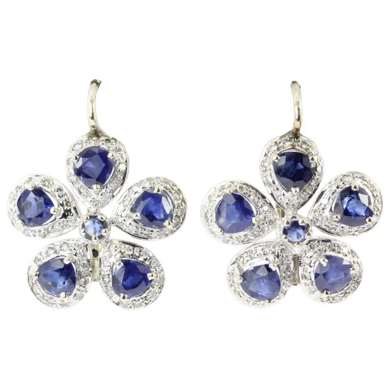 Retro 18K White & Yellow Gold Natural Blue Sapphire & Diamond Earrings