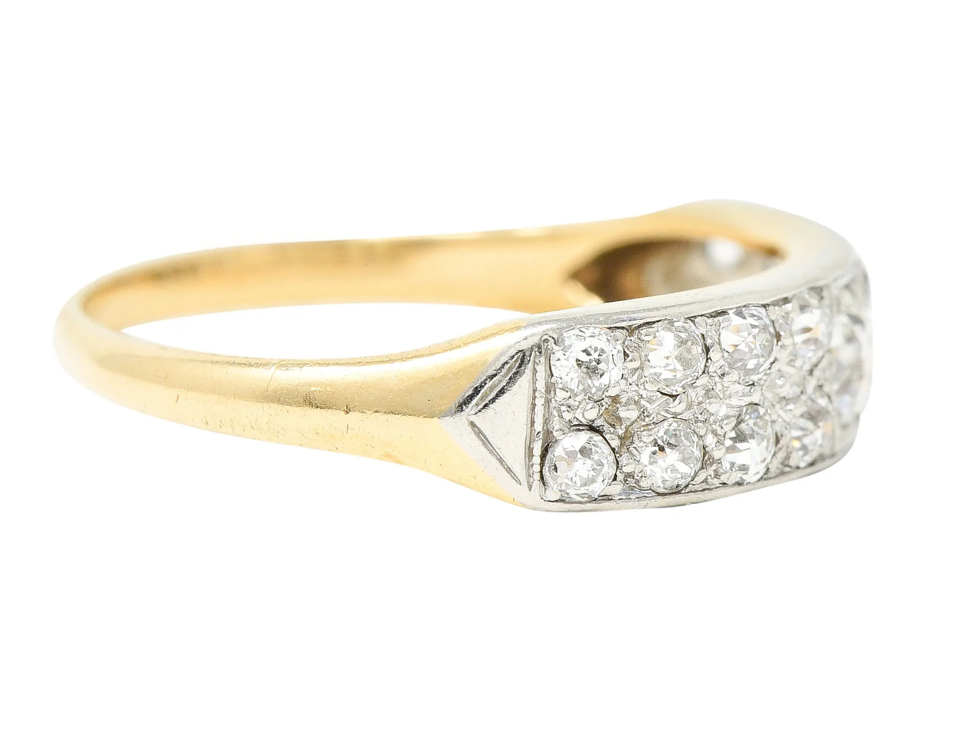 Retro 1940's Old European Cut Diamond Platinum-Topped 14 Karat Yellow Gold Chevron Vintage Band Ring