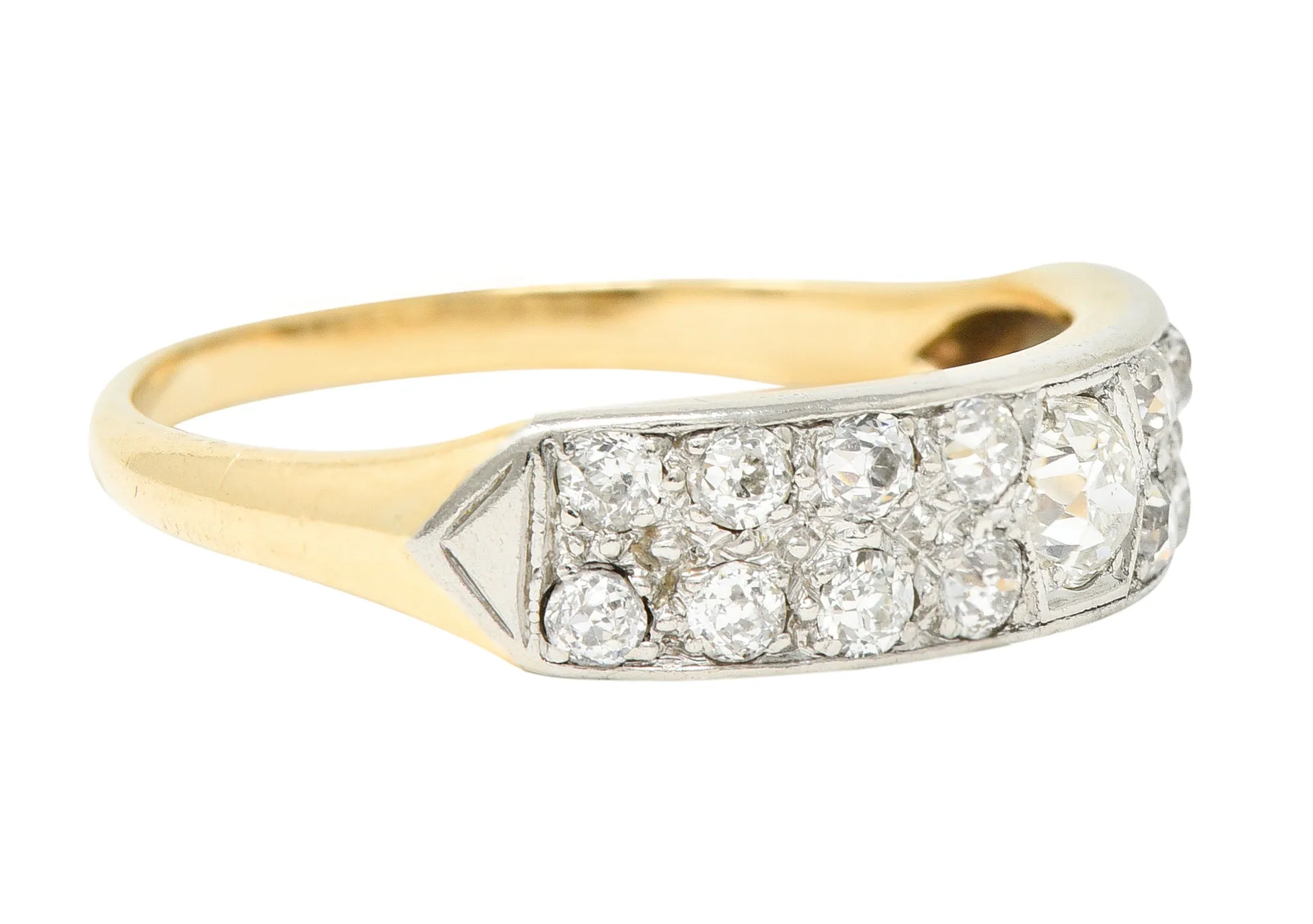 Retro 1940's Old European Cut Diamond Platinum-Topped 14 Karat Yellow Gold Chevron Vintage Band Ring