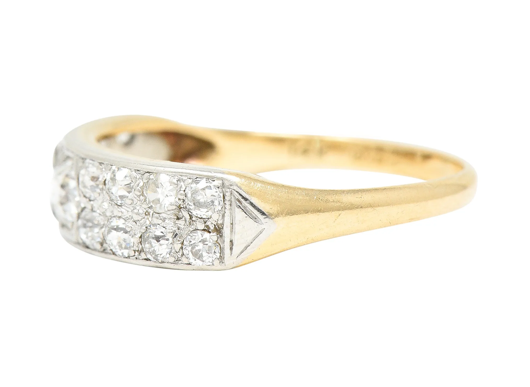 Retro 1940's Old European Cut Diamond Platinum-Topped 14 Karat Yellow Gold Chevron Vintage Band Ring