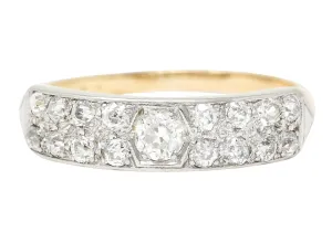 Retro 1940's Old European Cut Diamond Platinum-Topped 14 Karat Yellow Gold Chevron Vintage Band Ring