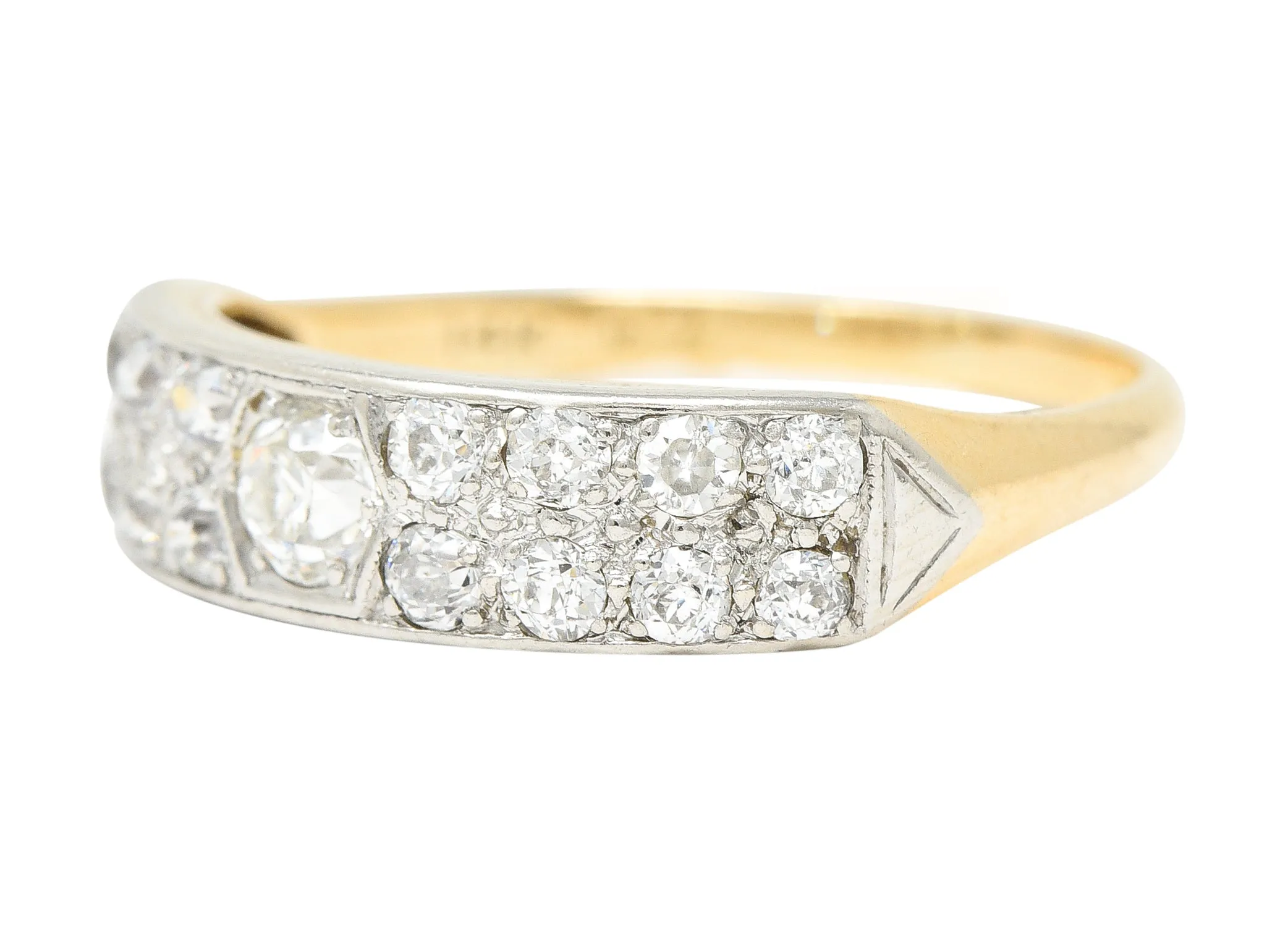 Retro 1940's Old European Cut Diamond Platinum-Topped 14 Karat Yellow Gold Chevron Vintage Band Ring