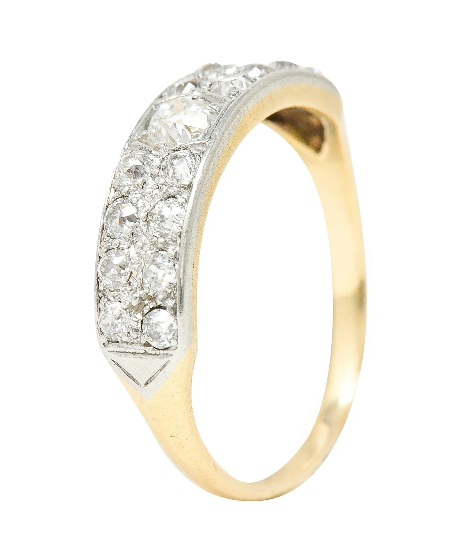 Retro 1940's Old European Cut Diamond Platinum-Topped 14 Karat Yellow Gold Chevron Vintage Band Ring