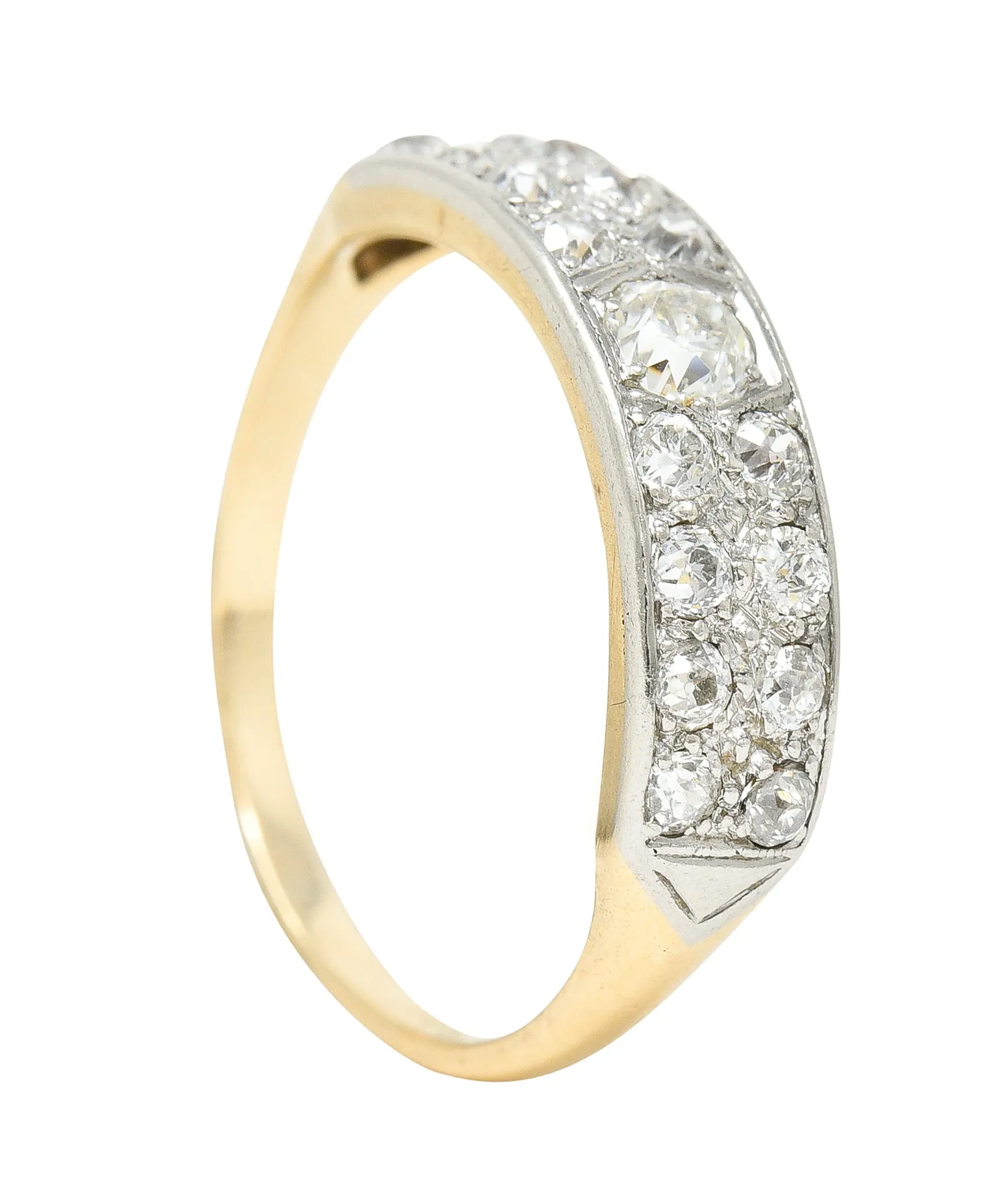 Retro 1940's Old European Cut Diamond Platinum-Topped 14 Karat Yellow Gold Chevron Vintage Band Ring