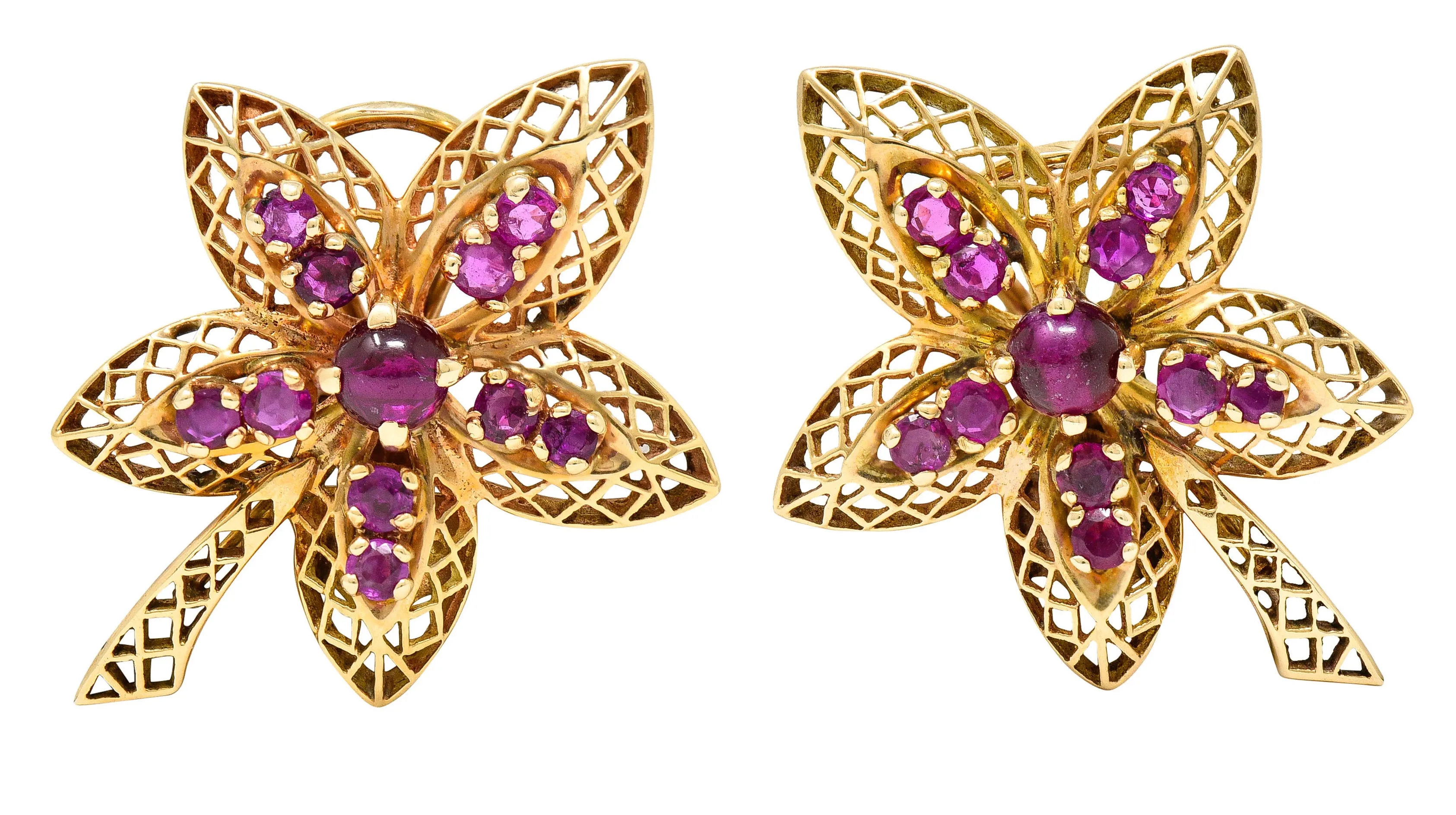 Retro 2.50 CTW Ruby 14 Karat Rose Gold Flower Earrings