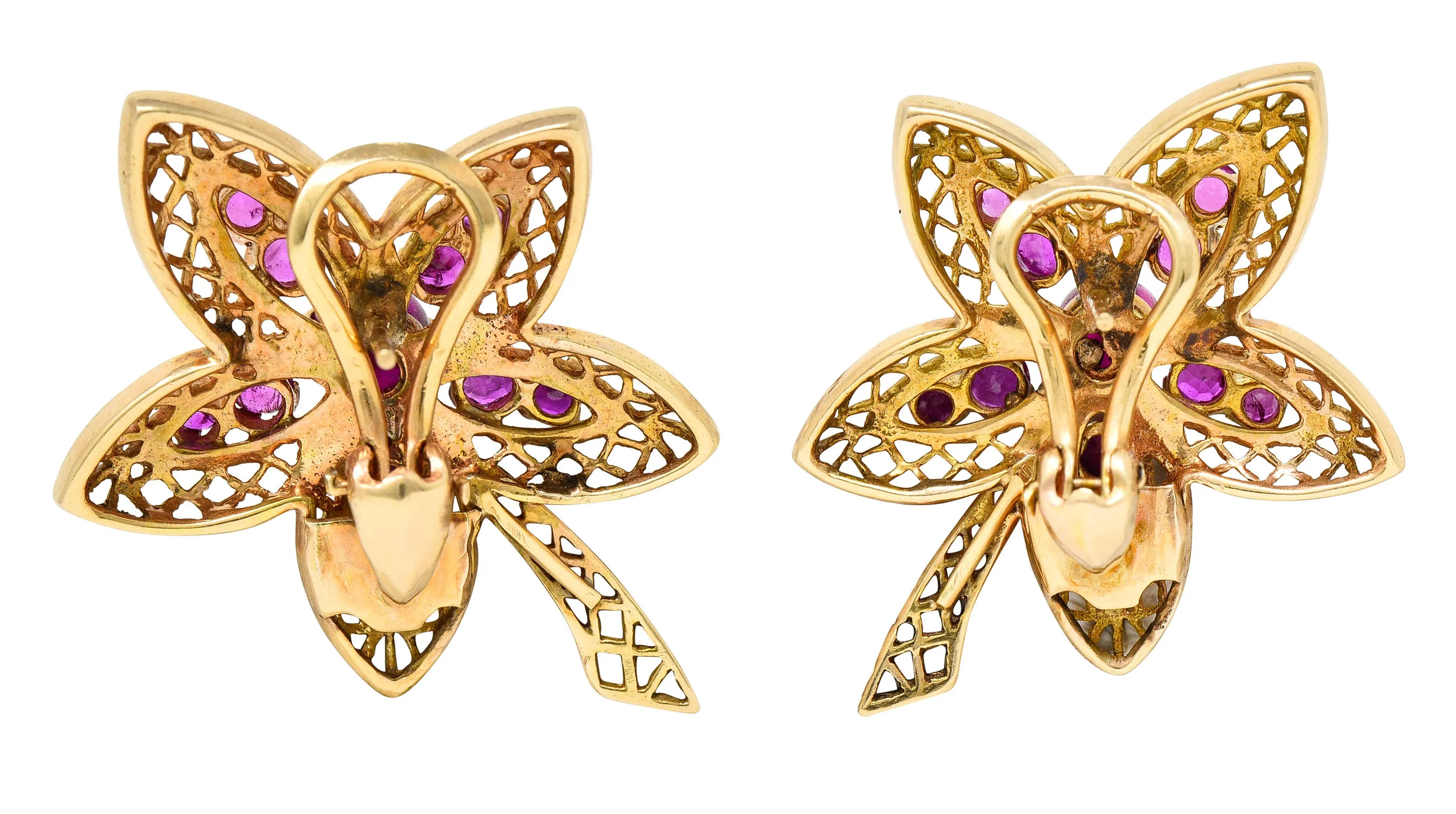 Retro 2.50 CTW Ruby 14 Karat Rose Gold Flower Earrings