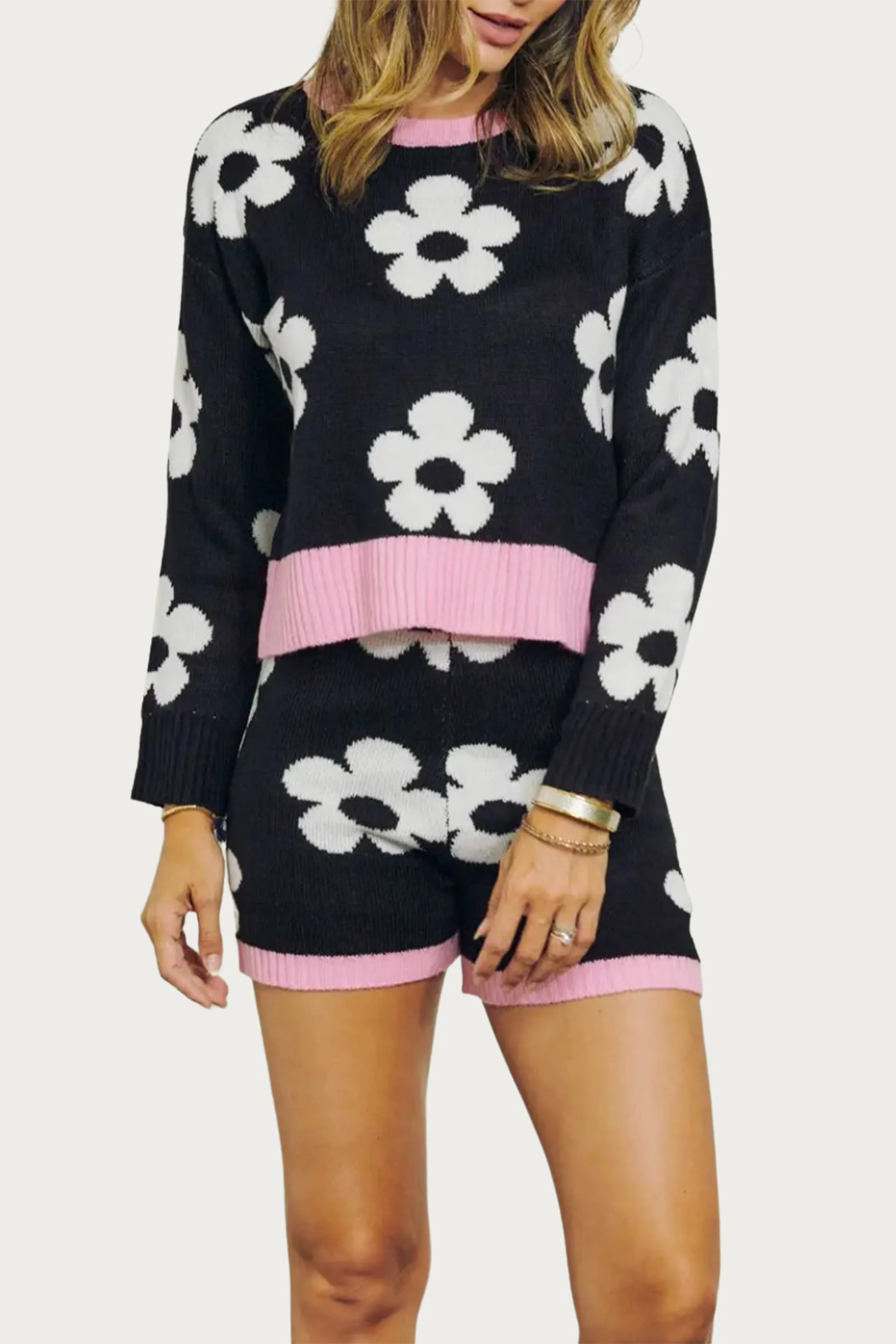 RETRO FLORAL KNIT CREWNECK CROPPED SWEATER