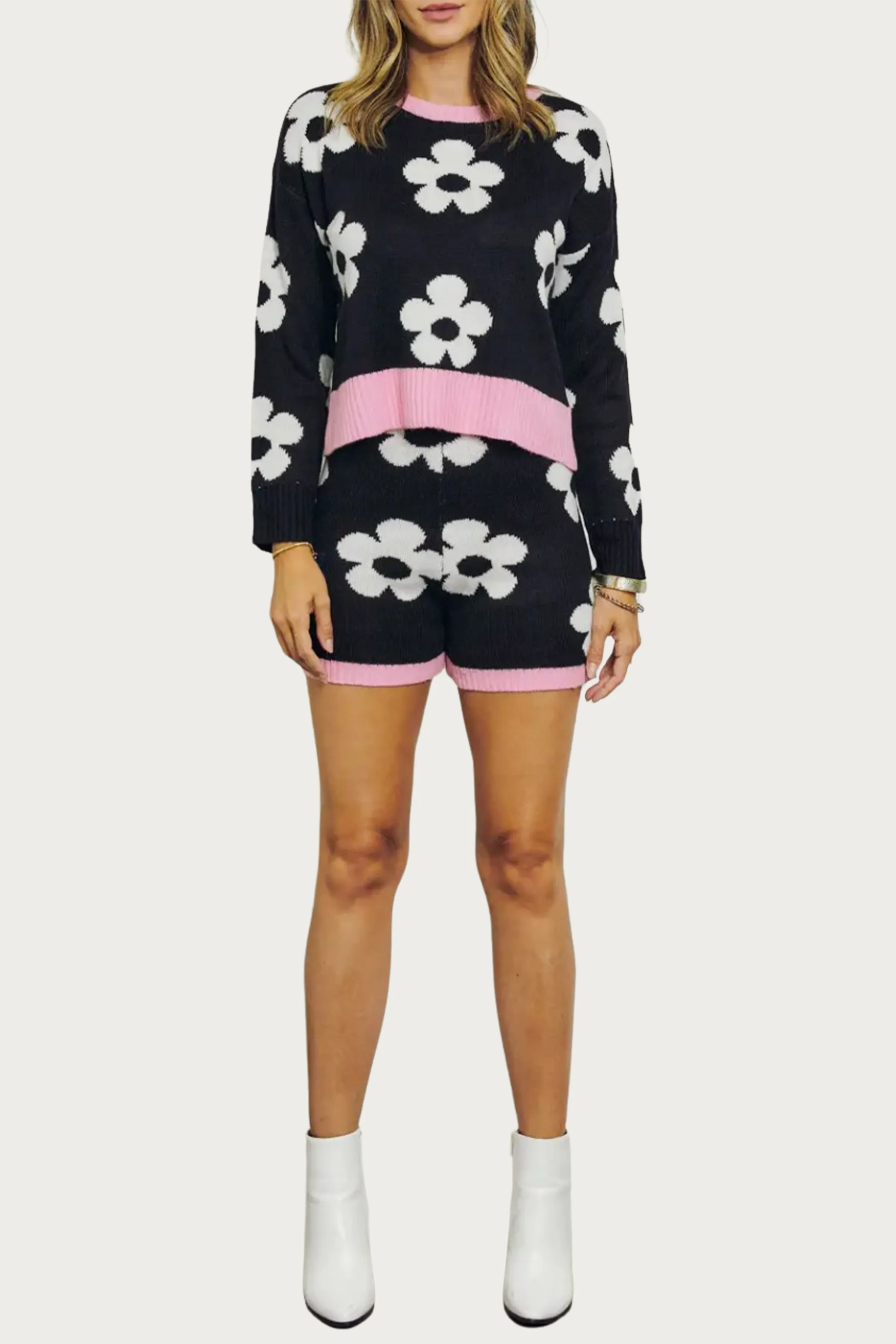 RETRO FLORAL KNIT CREWNECK CROPPED SWEATER