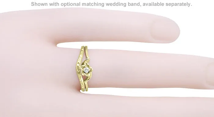 Retro Moderne Yellow Gold White Sapphire Rose Bloom Promise Ring - 10K or 14K