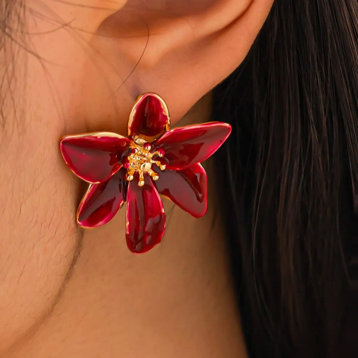 Retro Red Enamel Flower Stud Earrings
