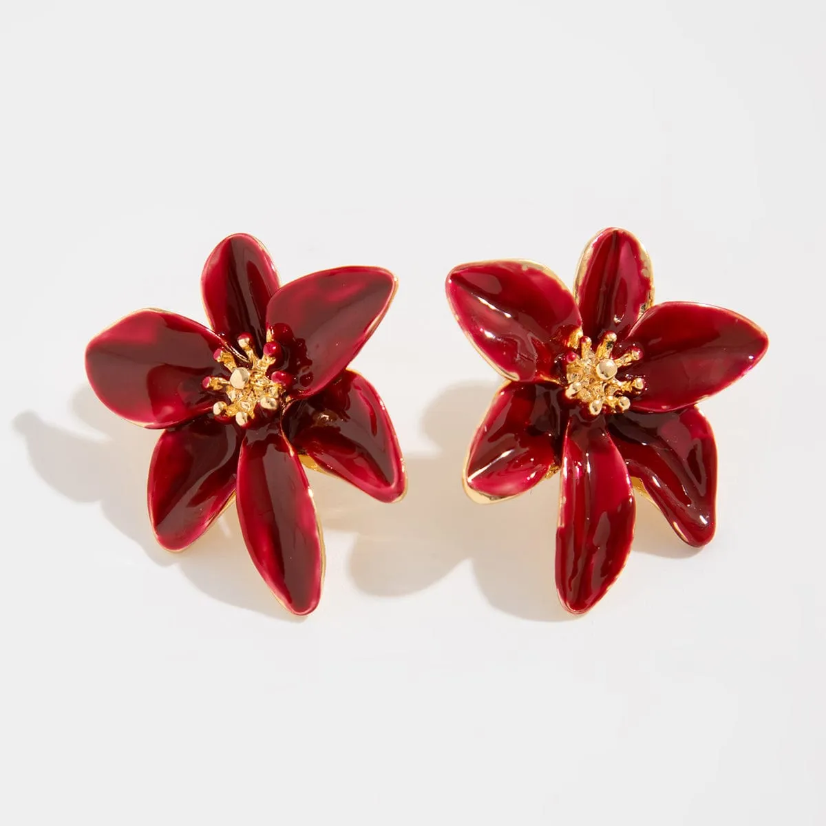 Retro Red Enamel Flower Stud Earrings