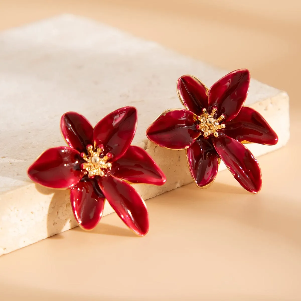 Retro Red Enamel Flower Stud Earrings