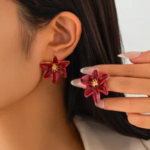 Retro Red Enamel Flower Stud Earrings