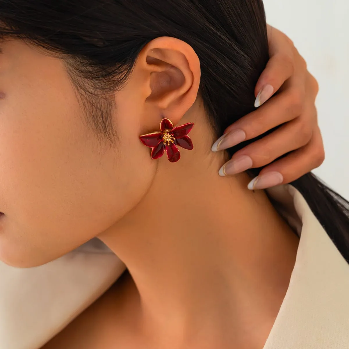 Retro Red Enamel Flower Stud Earrings