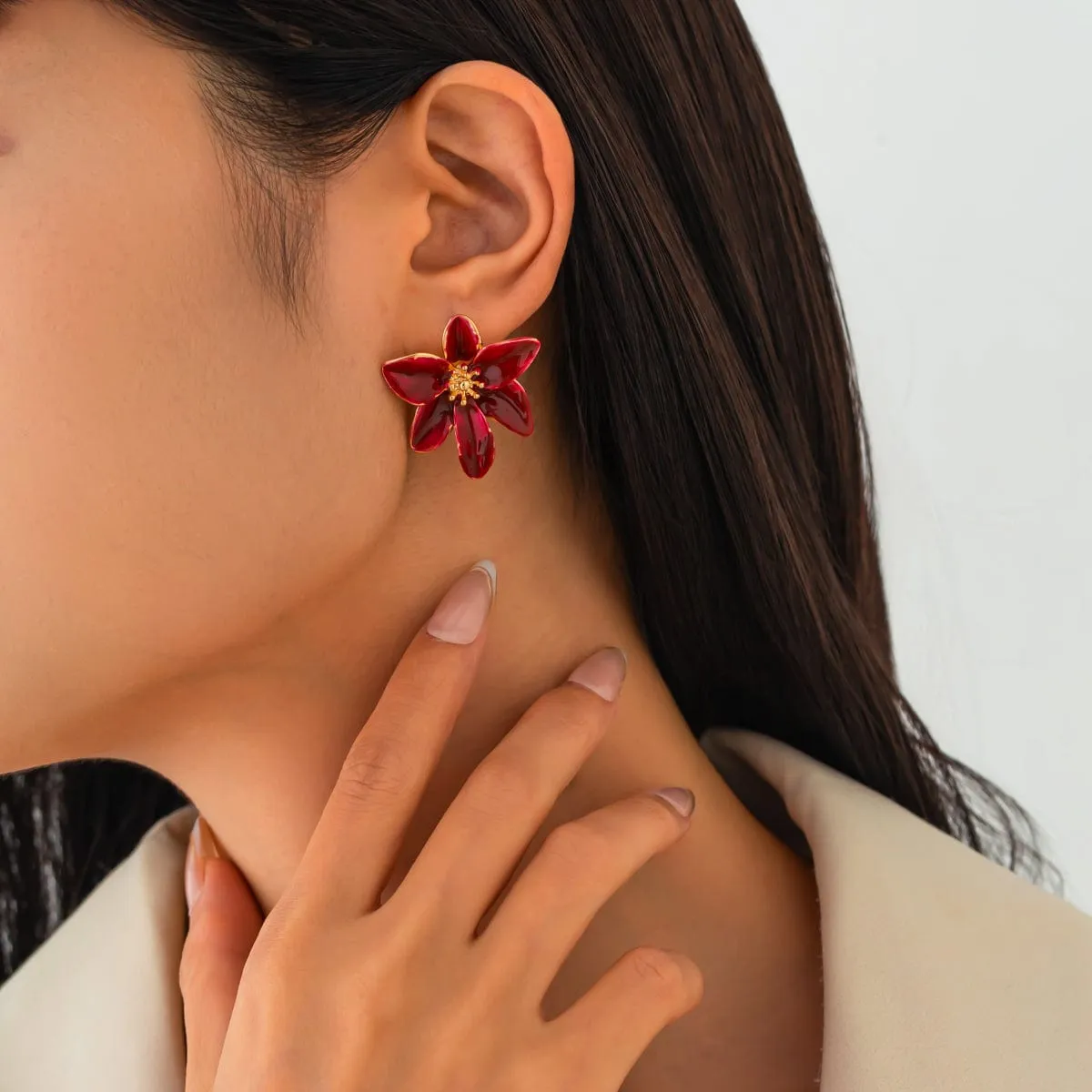 Retro Red Enamel Flower Stud Earrings