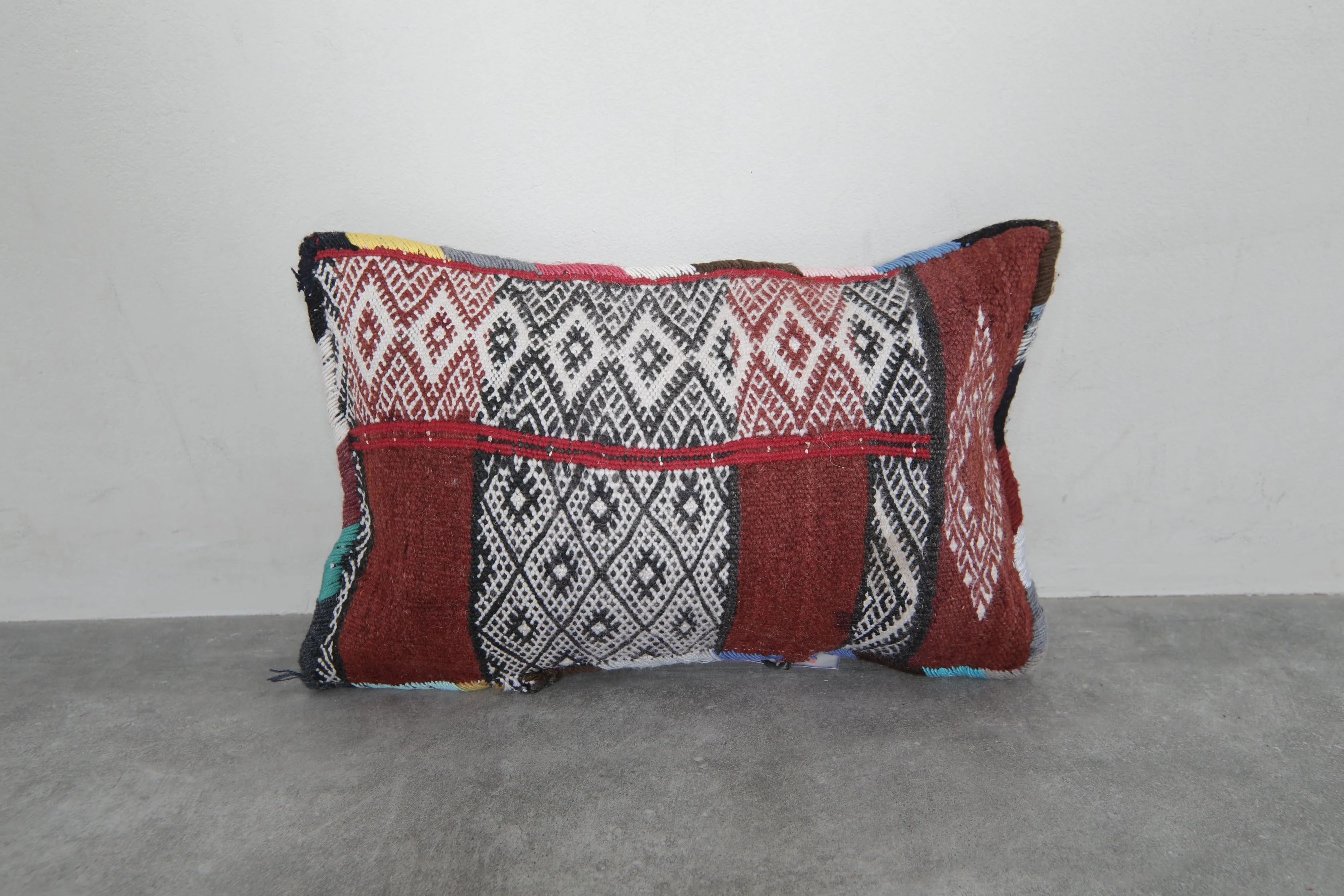 Rustic Moroccan Pillow with Red and Black Diamond Patterns - 13.7 x 20 Inches