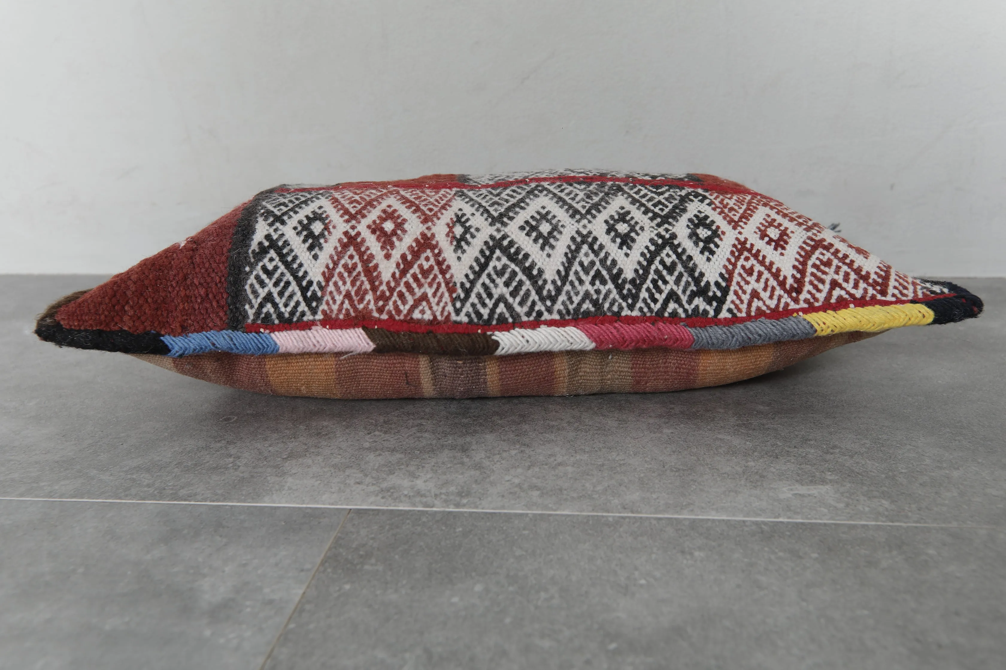 Rustic Moroccan Pillow with Red and Black Diamond Patterns - 13.7 x 20 Inches