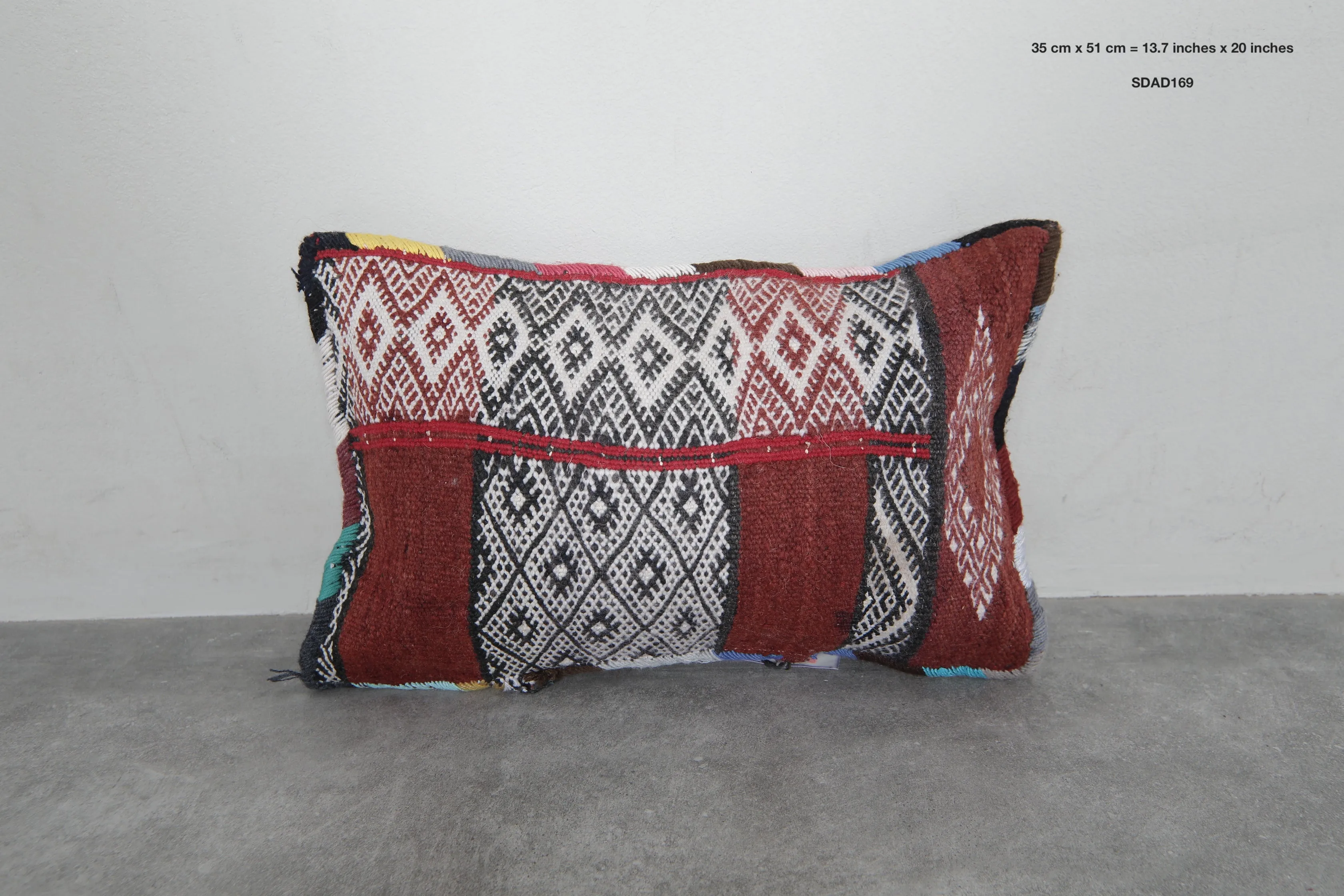 Rustic Moroccan Pillow with Red and Black Diamond Patterns - 13.7 x 20 Inches