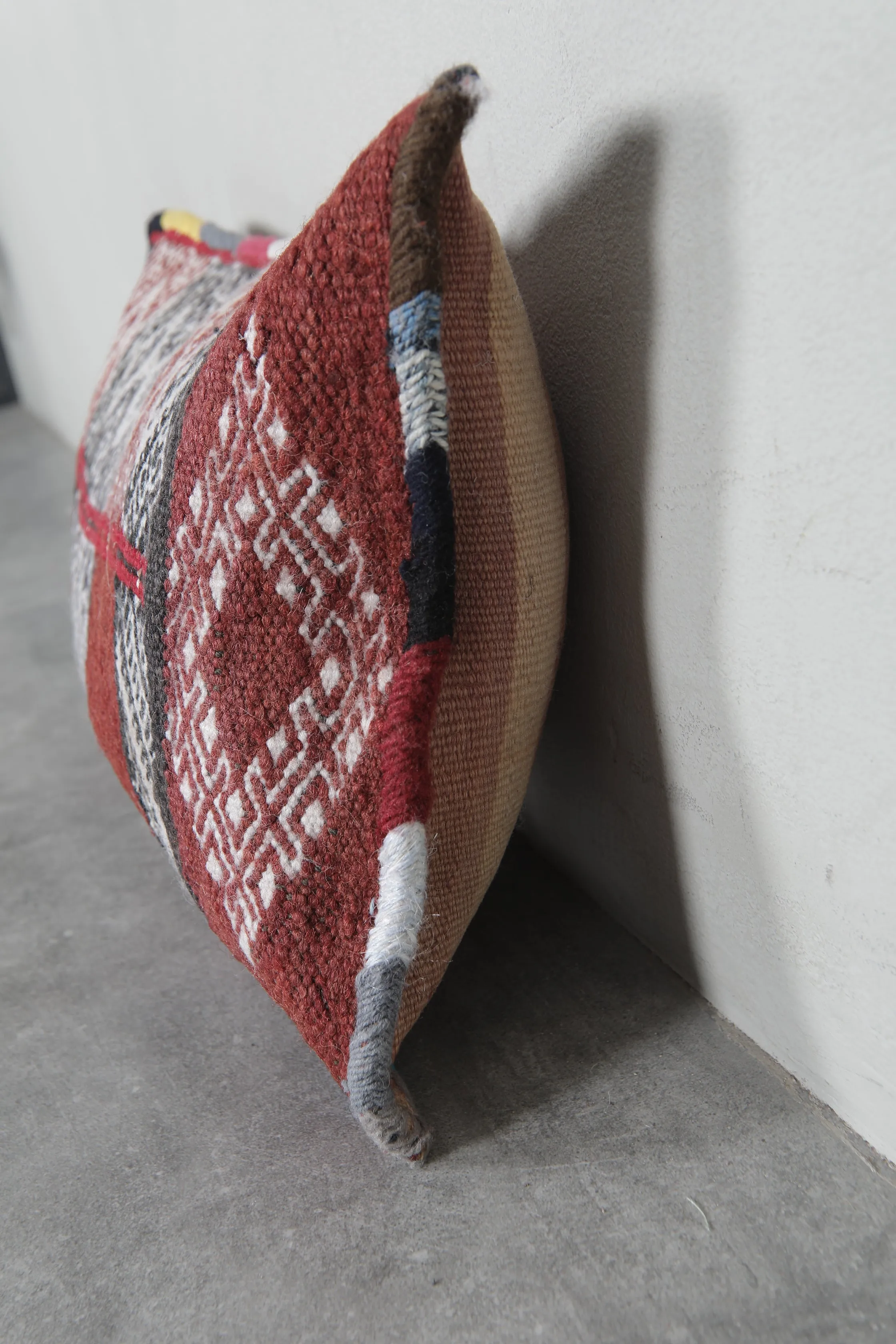 Rustic Moroccan Pillow with Red and Black Diamond Patterns - 13.7 x 20 Inches