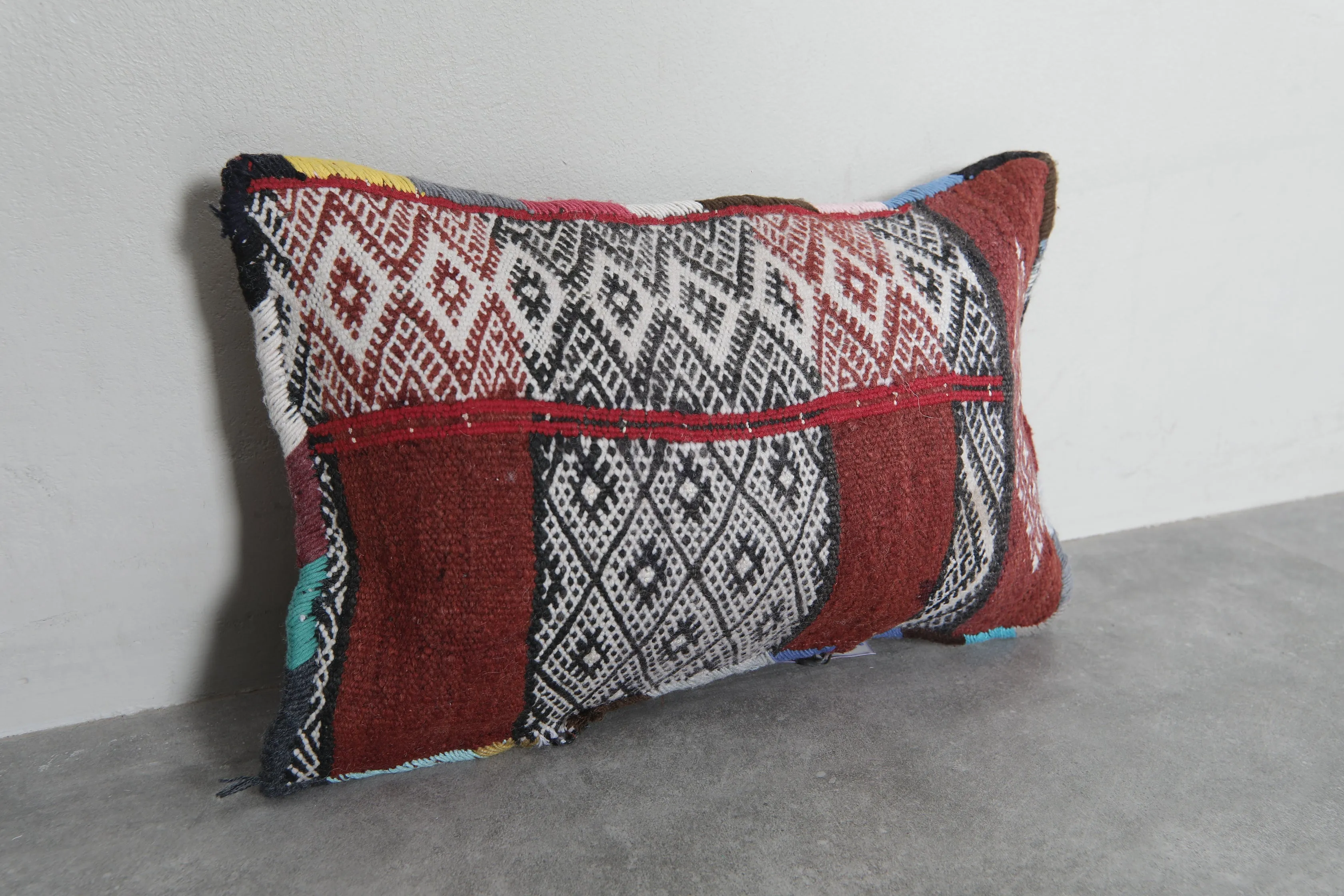 Rustic Moroccan Pillow with Red and Black Diamond Patterns - 13.7 x 20 Inches