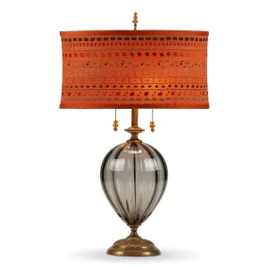 Samantha Table Lamp 175 Af 156 by Kinzig Design, Gray Blown Glass, Embroidered Orange Silk Shade