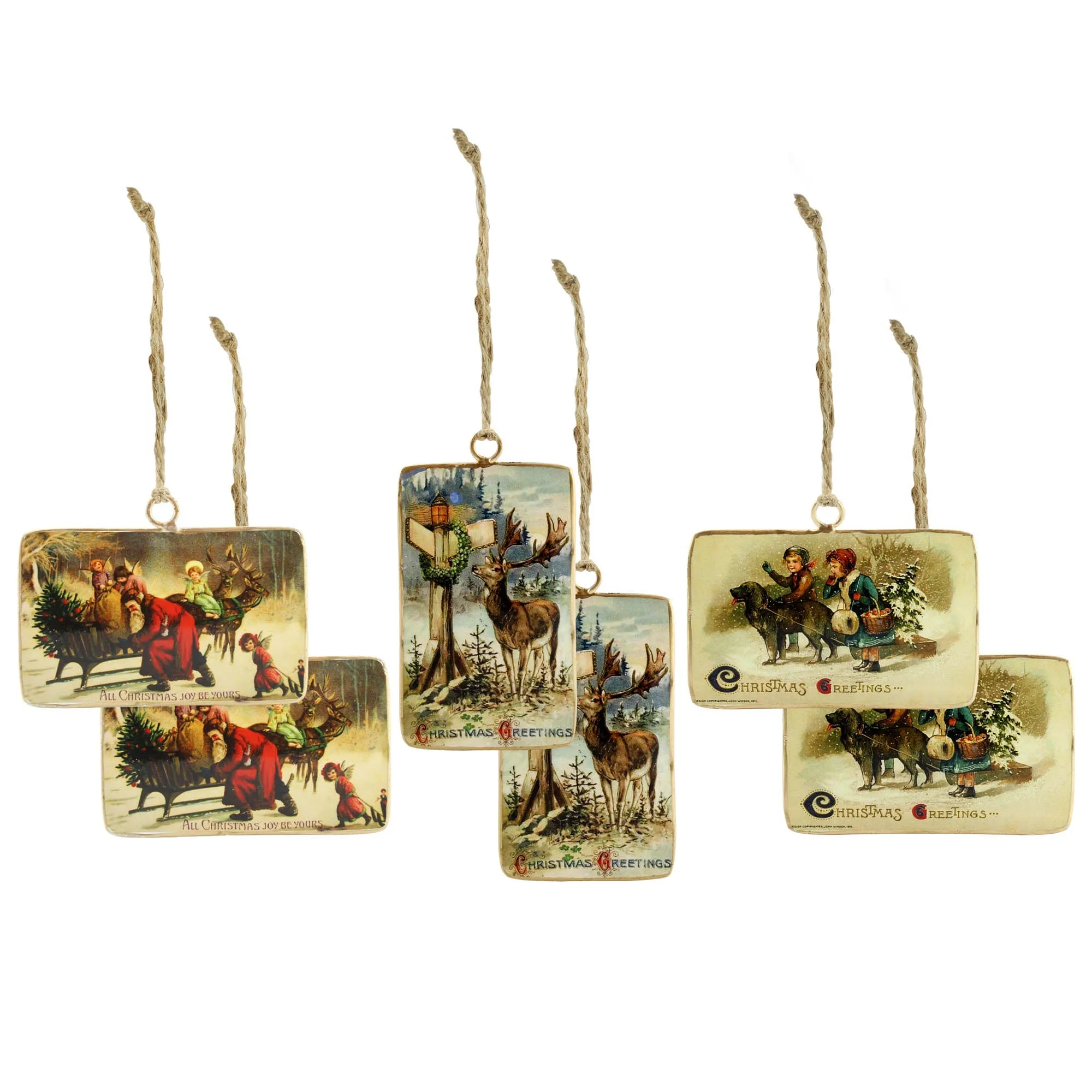 Set of 6 Vintage Retro Christmas Ornaments (3 Designs, 6 Ornaments Total)