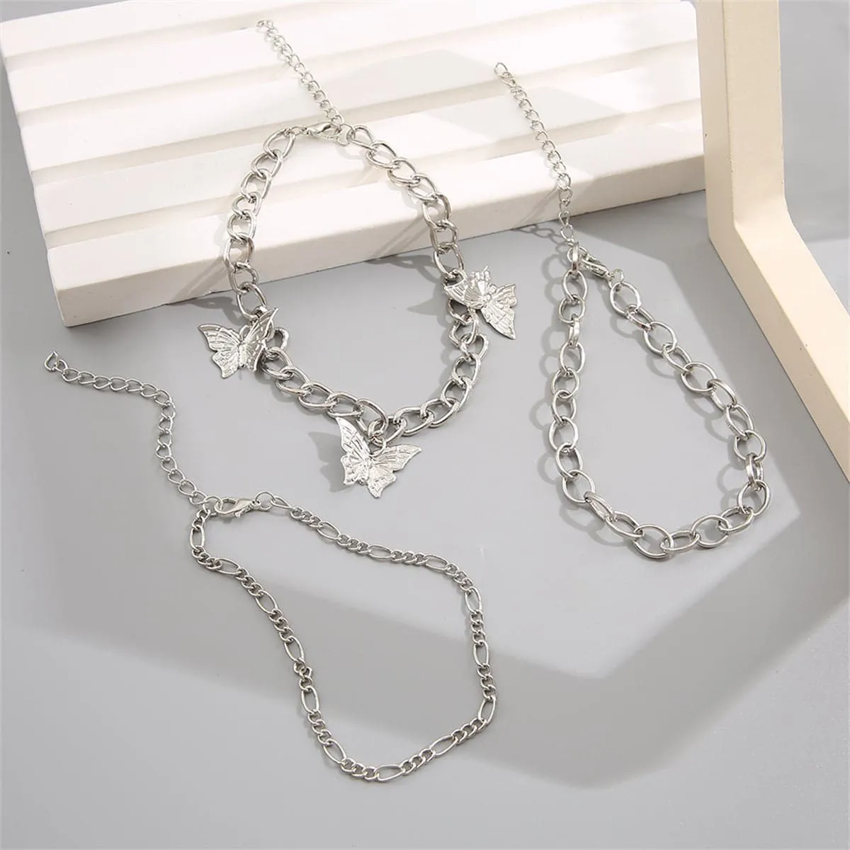 Silver-Plated Butterfly Station Anklet Set