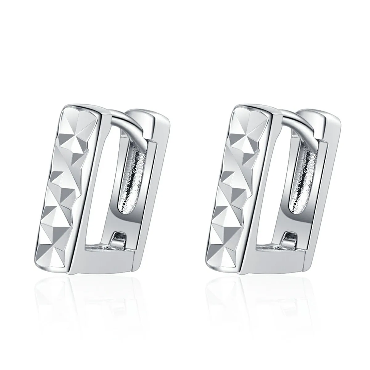 Silver-Plated Diamond-Cut Open Square Huggie Earrings
