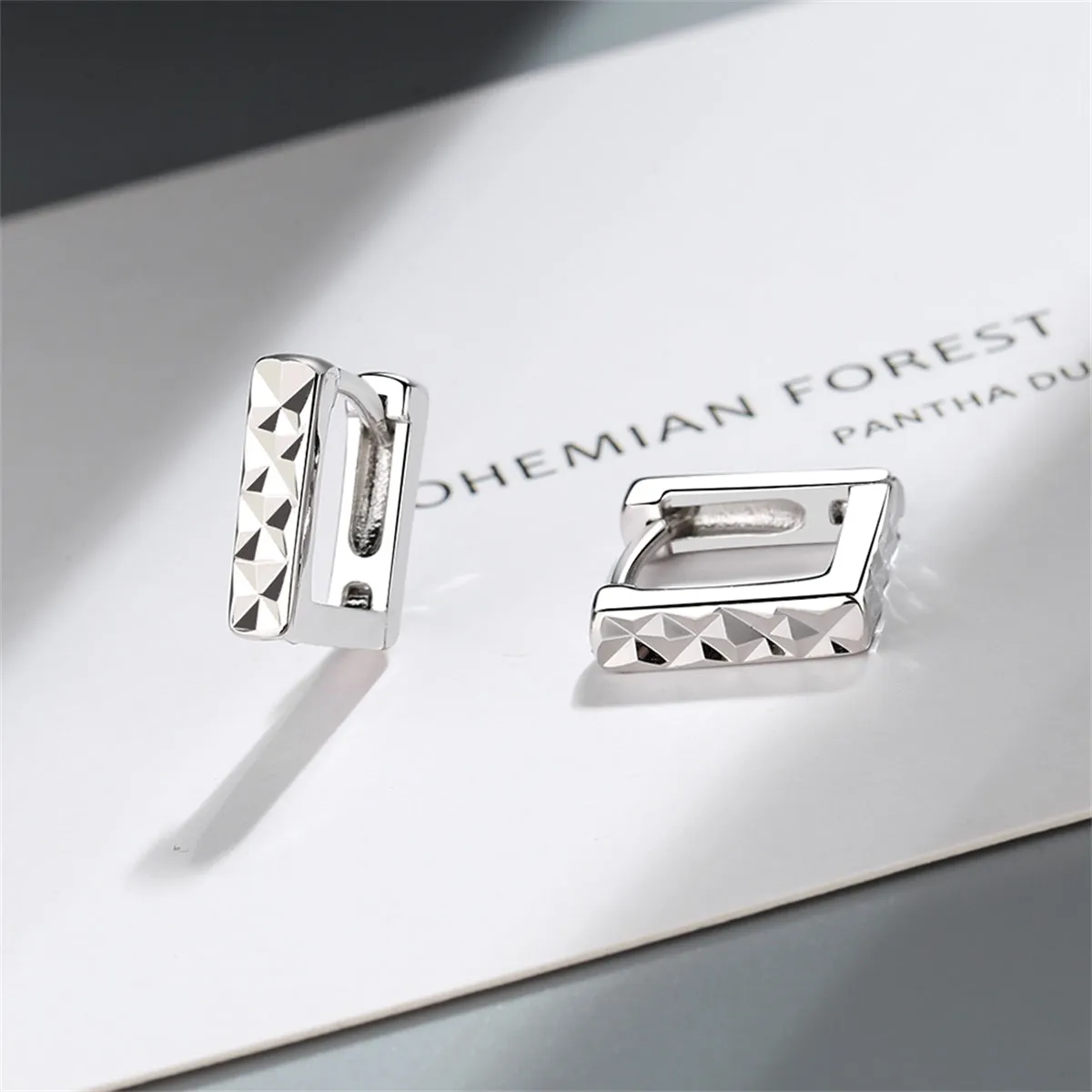 Silver-Plated Diamond-Cut Open Square Huggie Earrings