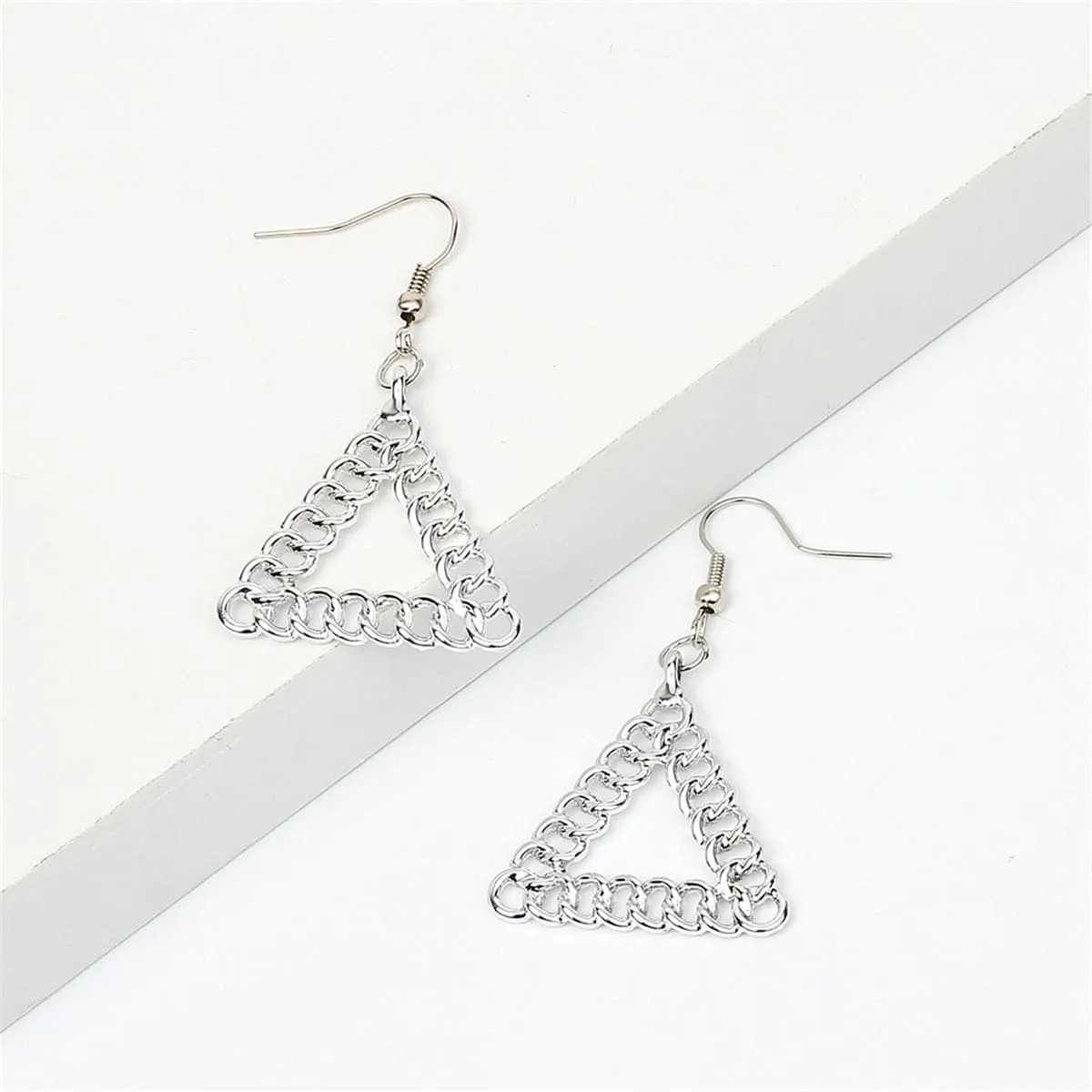 Silver-Plated Figaro Open Triangle Drop Earrings
