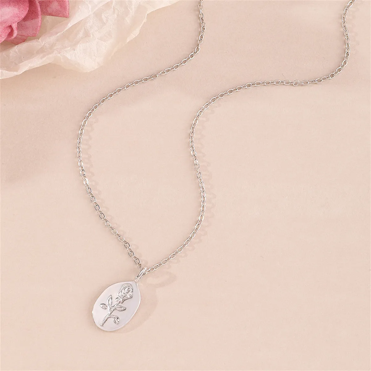 Silver-Plated Floral Oval Pendant Necklace