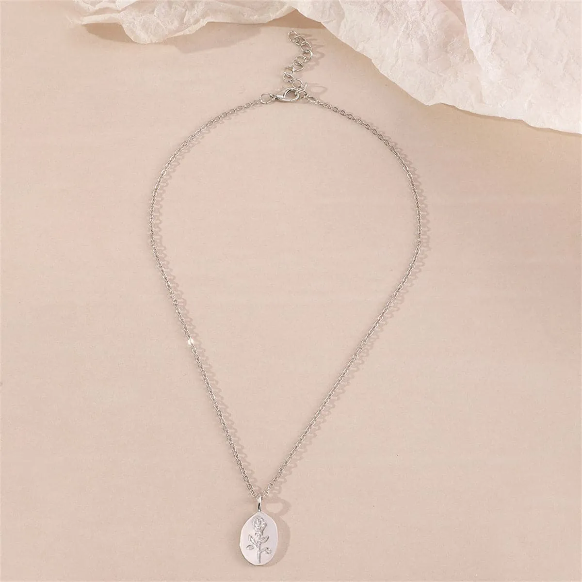Silver-Plated Floral Oval Pendant Necklace