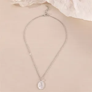 Silver-Plated Floral Oval Pendant Necklace
