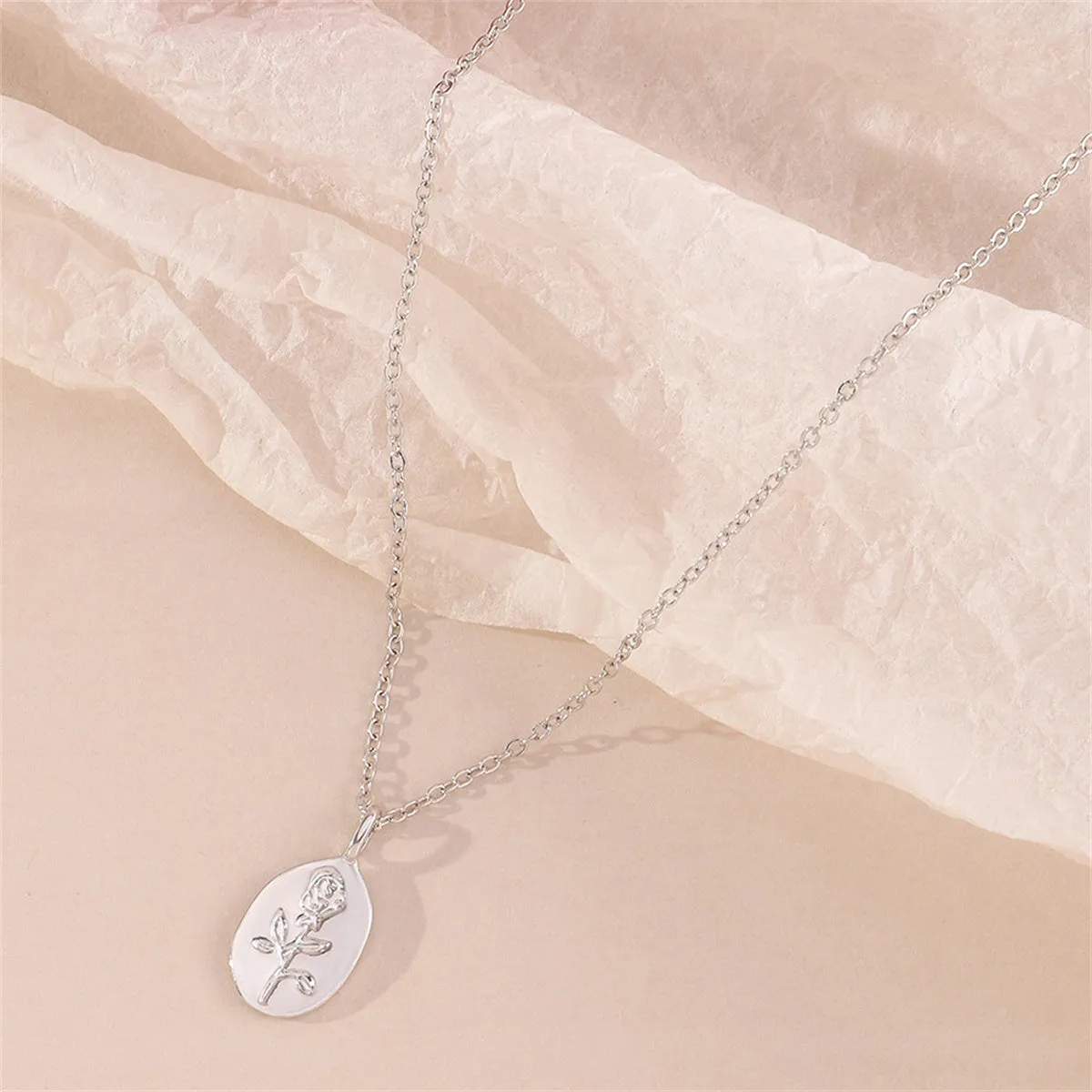 Silver-Plated Floral Oval Pendant Necklace