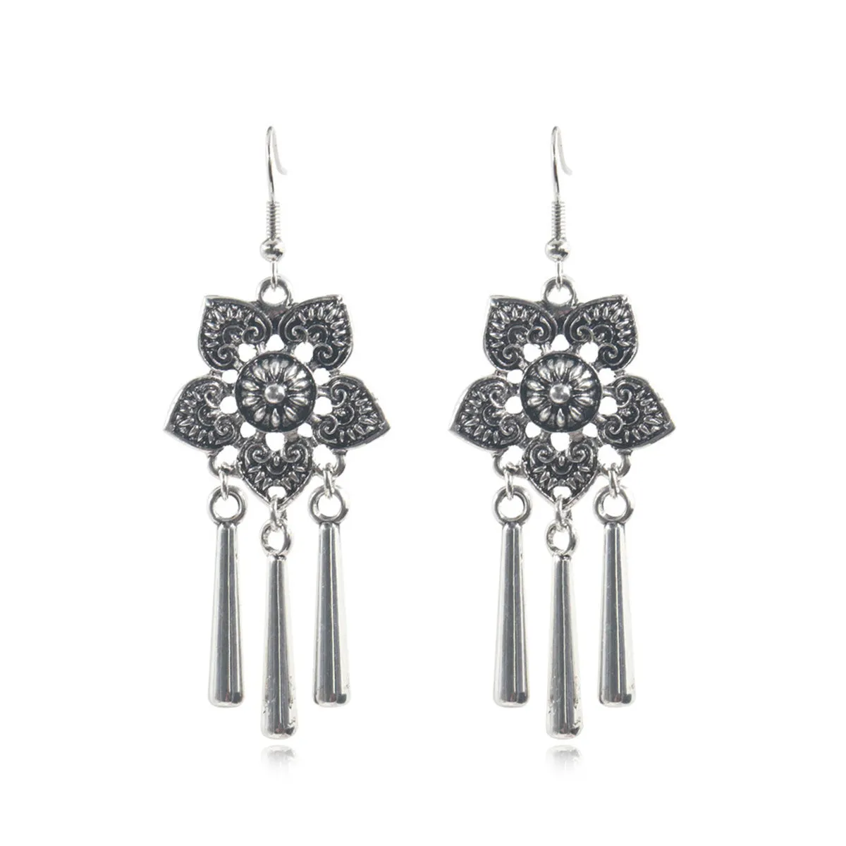 Silver-Plated Flower Tassel Drop Earrings