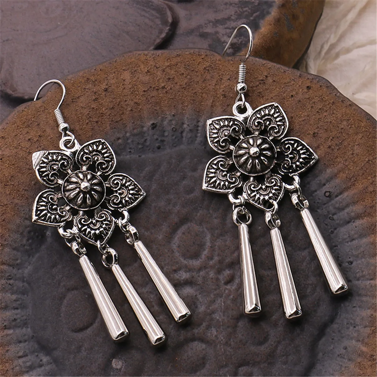 Silver-Plated Flower Tassel Drop Earrings