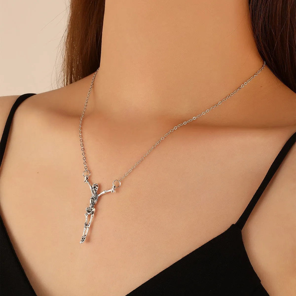 Silver-Plated Hanging Skeleton Pendant Necklace