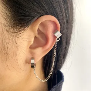 Silver-Plated Huggie Earring & Chain Ear Cuff