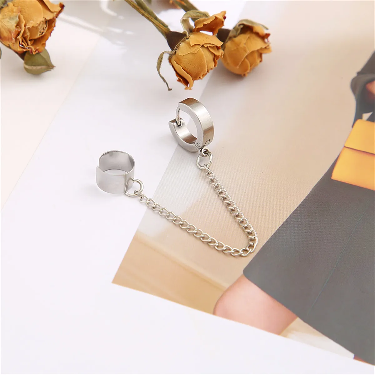 Silver-Plated Huggie Earring & Chain Ear Cuff