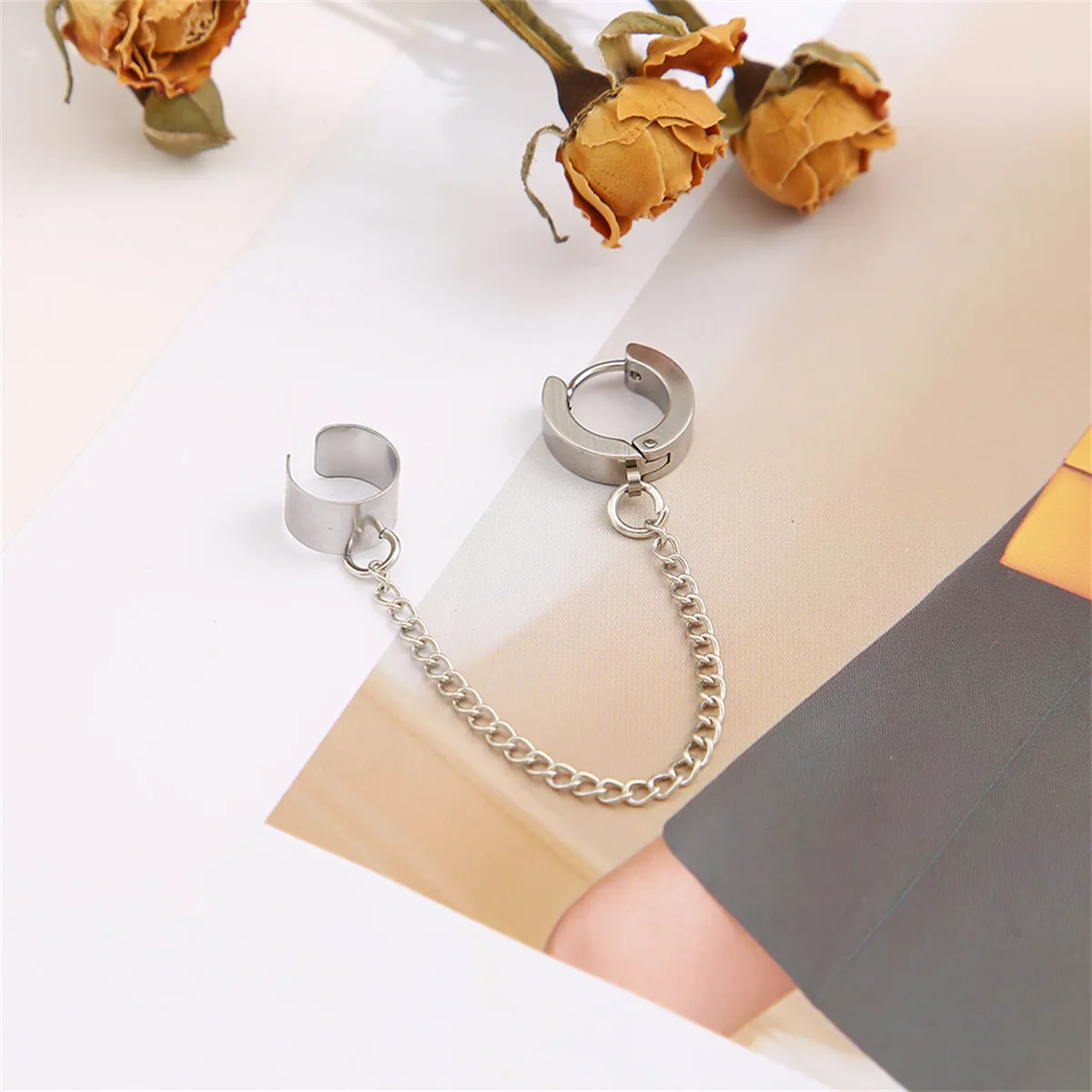 Silver-Plated Huggie Earring & Chain Ear Cuff