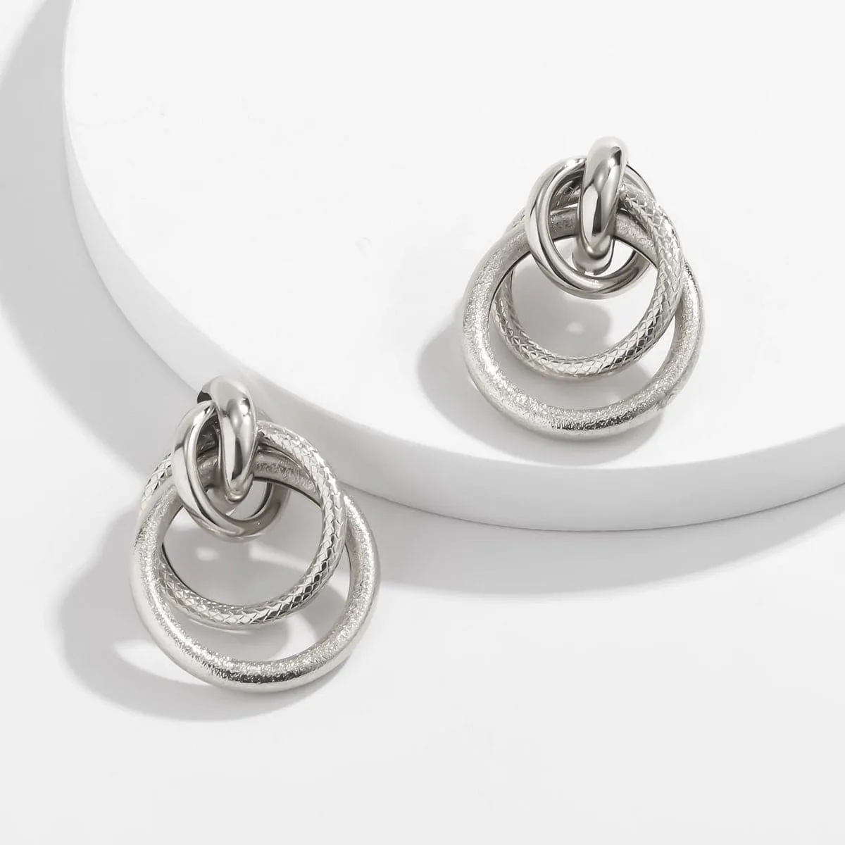 Silver-Plated Layered Circles Drop Earrings