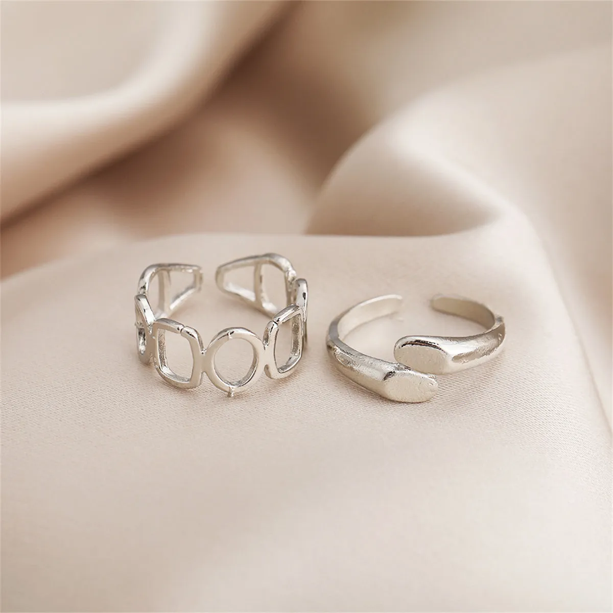 Silver-Plated Open Geometric Ring Set