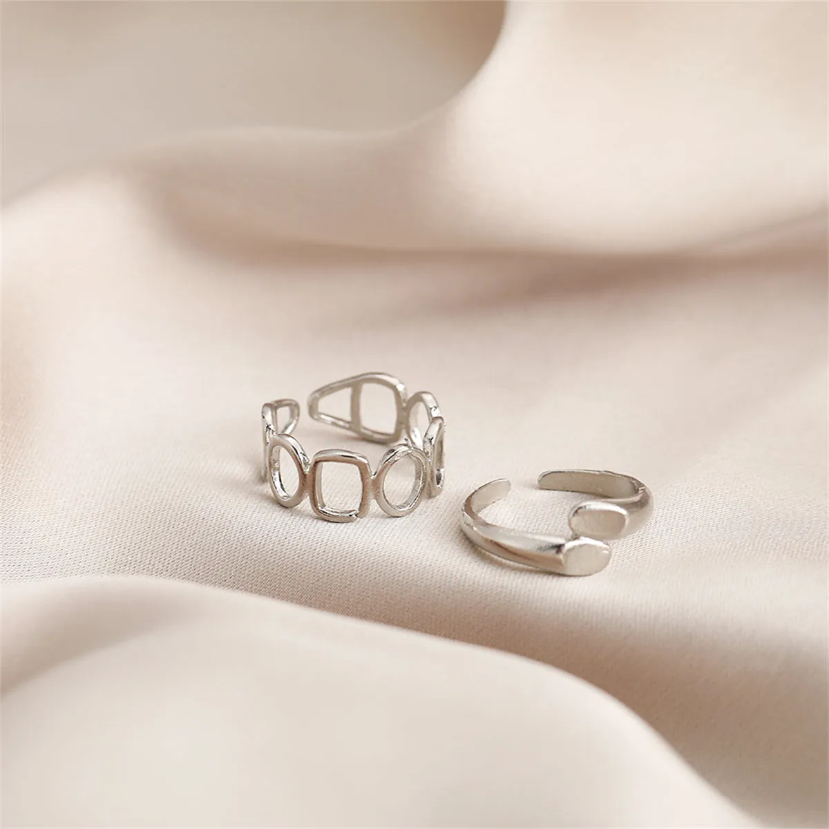 Silver-Plated Open Geometric Ring Set