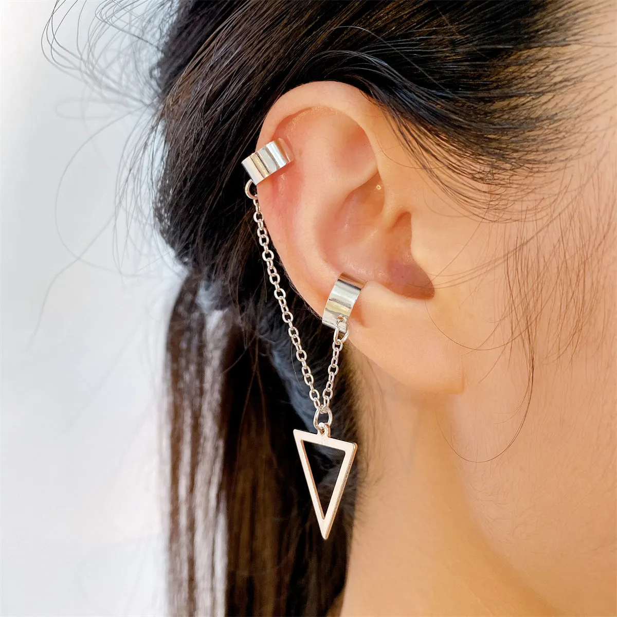 Silver-Plated Triangle Drop Double Ear Cuff