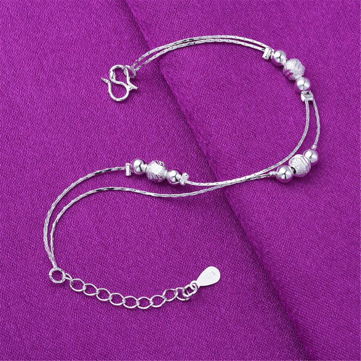 Silver-Plated Triple Bead Station Anklet