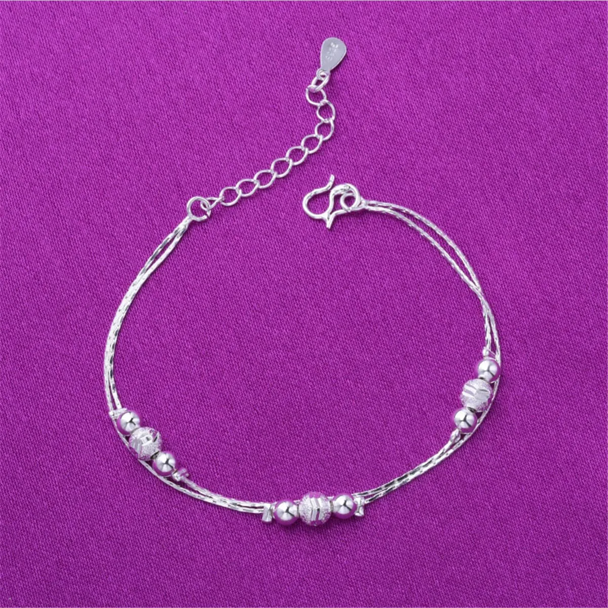 Silver-Plated Triple Bead Station Anklet