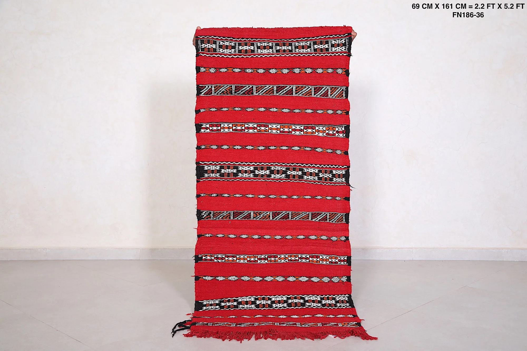 Small Moroccan Kilim 2.2 FT x 5.2 FT - Bold Red & Black Design